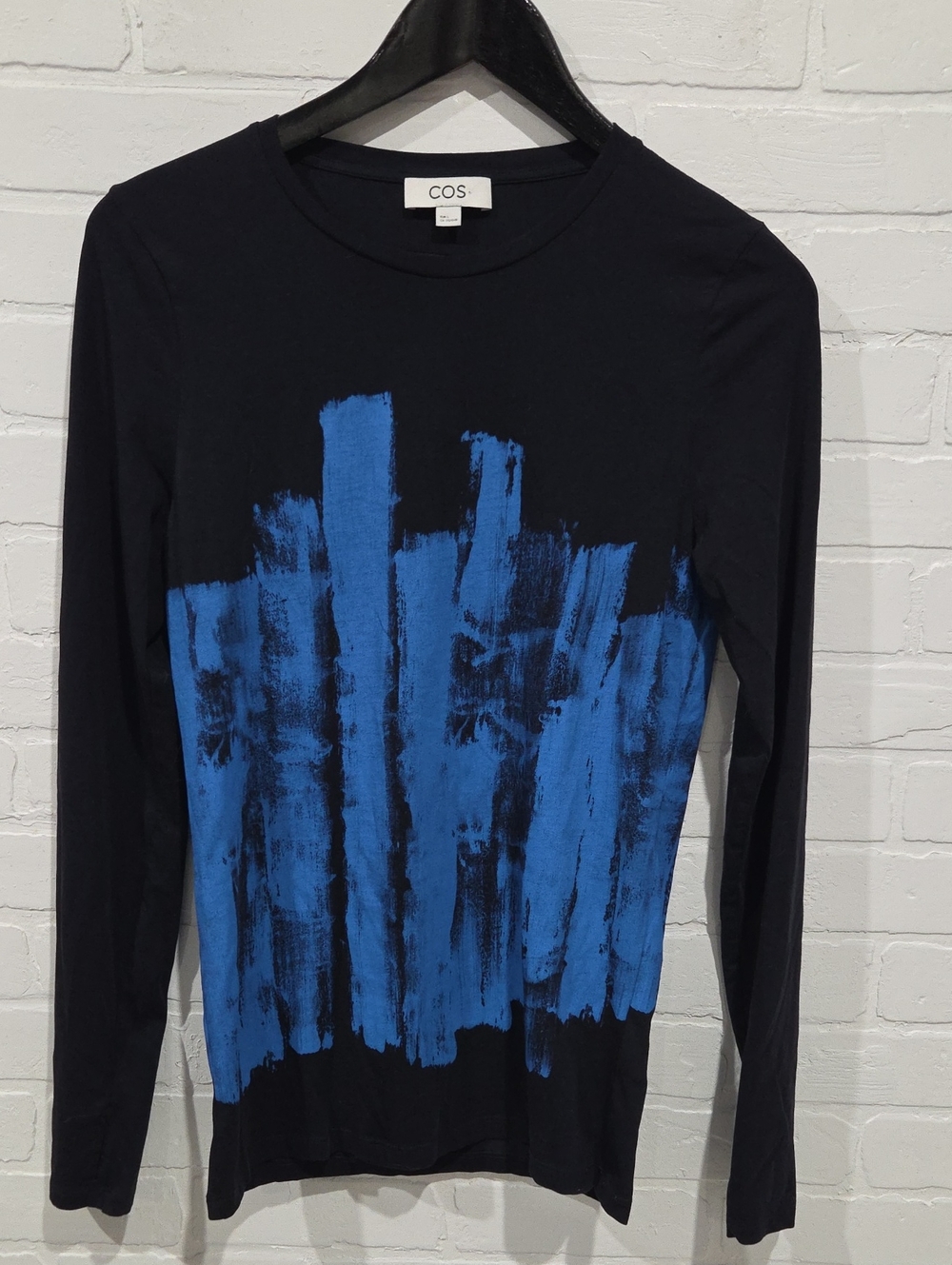 COS Black Long-Sleeve Tee with Blue Brushstroke Motif